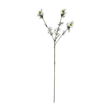 Hill Interiors White Nigella Love In A Mist faux flower stem with three white blooms and feathery green foliage on a plain white background.