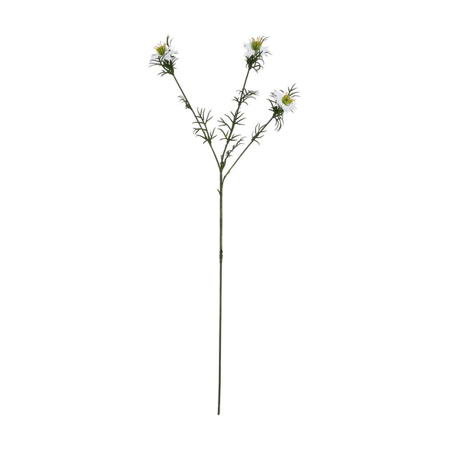 Hill Interiors White Nigella Love In A Mist faux flower stem with three white blooms and feathery green foliage on a plain white background.