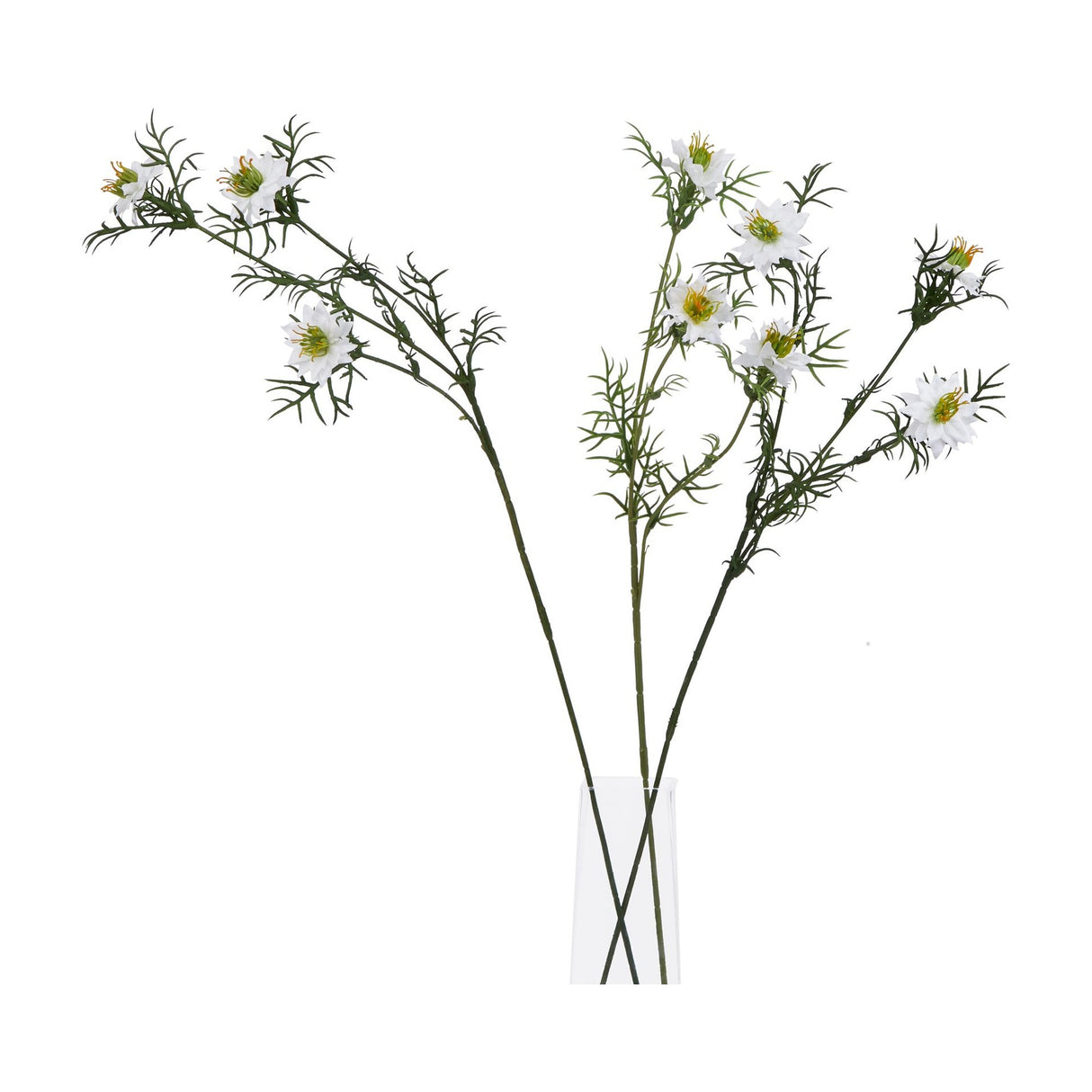 Hill Interiors White Nigella Love In A Mist faux flower stems with delicate white blooms and feathery green foliage, displayed in a clear glass vase.