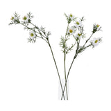 Hill Interiors White Nigella Love In A Mist faux flower stems with delicate white blooms and feathery green foliage, displayed in a clear glass vase.