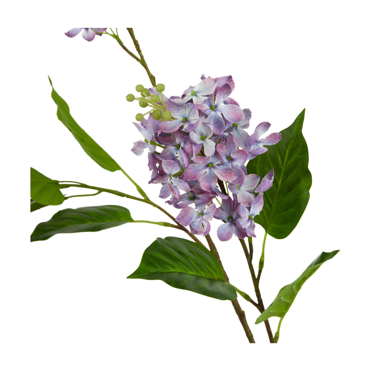 Hill Interiors purple lilac faux stem with clustered four-petalled florets in graduated purple tones, green buds and slim leaves, on a white background.