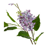 Hill Interiors purple lilac faux stem with clustered four-petalled florets in graduated purple tones, green buds and slim leaves, on a white background.