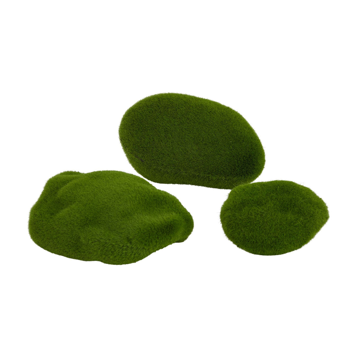 Hill Interiors Faux Moss Three-Piece Pack showing three green tufted moss mounds in varying rounded shapes on a plain white background.