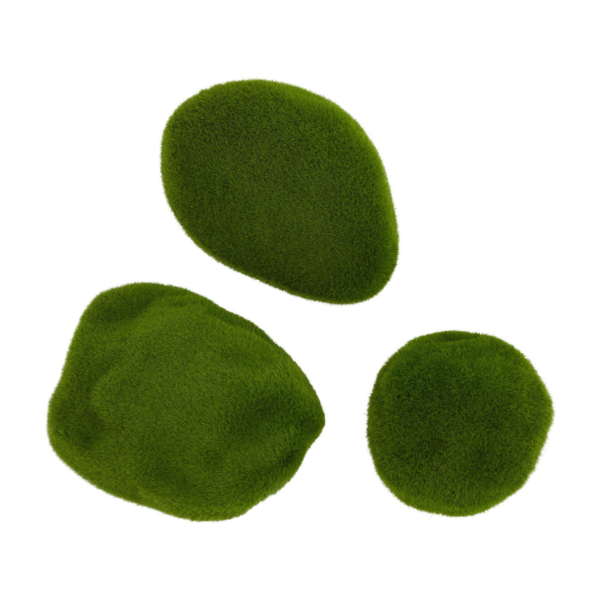Hill Interiors Faux Moss Three-Piece Pack showing three green tufted moss mounds in varying rounded shapes on a plain white background.