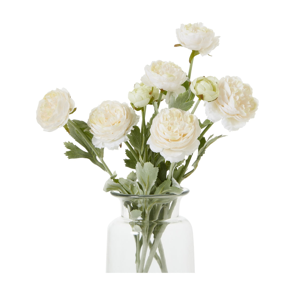 Hill Interiors Apricot Ranunculus faux flower stems with layered cream-peach blooms and green foliage arranged in a clear glass vase on white.
