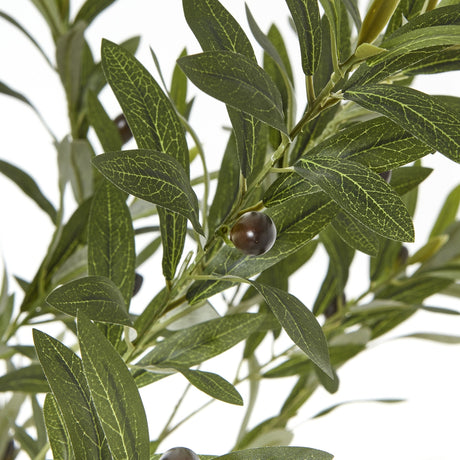 Close-up of the Hill Interiors Apulia artificial olive tree showing narrow silvery-green leaves and small dark olives against a white background.