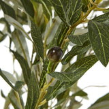 Close-up of the Hill Interiors Apulia artificial olive tree showing silvery-green leaves with detailed veining and a single dark olive on the branch.