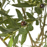 Close-up of Hill Interiors Apulia artificial olive tree foliage with narrow green leaves and dark olives clustered along slender branches.