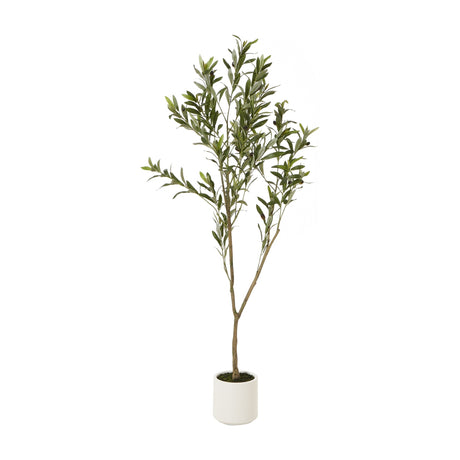 Hill Interiors Apulia 150cm faux olive tree with slender trunk and silver-green foliage in a white pot, shown on a plain white background.