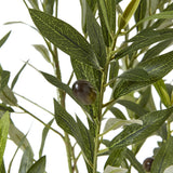 Close-up of the Hill Interiors Apulia artificial olive tree showing narrow silver-green leaves with veined detail and a dark olive fruit on the branch.