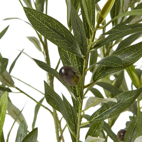 Close-up of the Hill Interiors Apulia artificial olive tree showing narrow silver-green leaves with veined detail and a dark olive fruit on the branch.