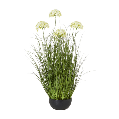 Hill Interiors Large White Allium Plant In Pot, a 120cm faux potted plant with five globe-shaped white blooms on tall green grass stems in a black pot.