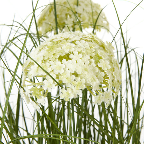 Hill Interiors Large White Allium Plant close-up with globe-shaped clusters of tiny white florets on slender green stems against a white background.