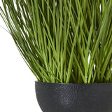 Close-up of Hill Interiors Large White Allium Plant showing tall green grass-like stems gathered in a textured matte black pot.