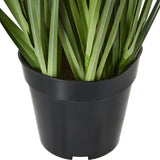 Close-up of Hill Interiors Large Purple Agapanthus faux potted plant base showing strappy green leaves gathered in a matte black plastic pot.