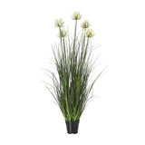 Hill Interiors Large White Agapanthus faux potted plant with tall white floret clusters and arching green grass foliage in a black pot on a white background.