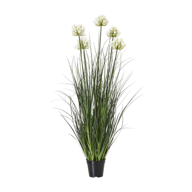 Hill Interiors Large White Agapanthus faux potted plant with tall white floret clusters and arching green grass foliage in a black pot on a white background.