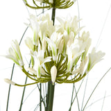 Close-up of Hill Interiors Large White Agapanthus faux plant with clustered white florets and green-tipped buds on slender stems against a white background.