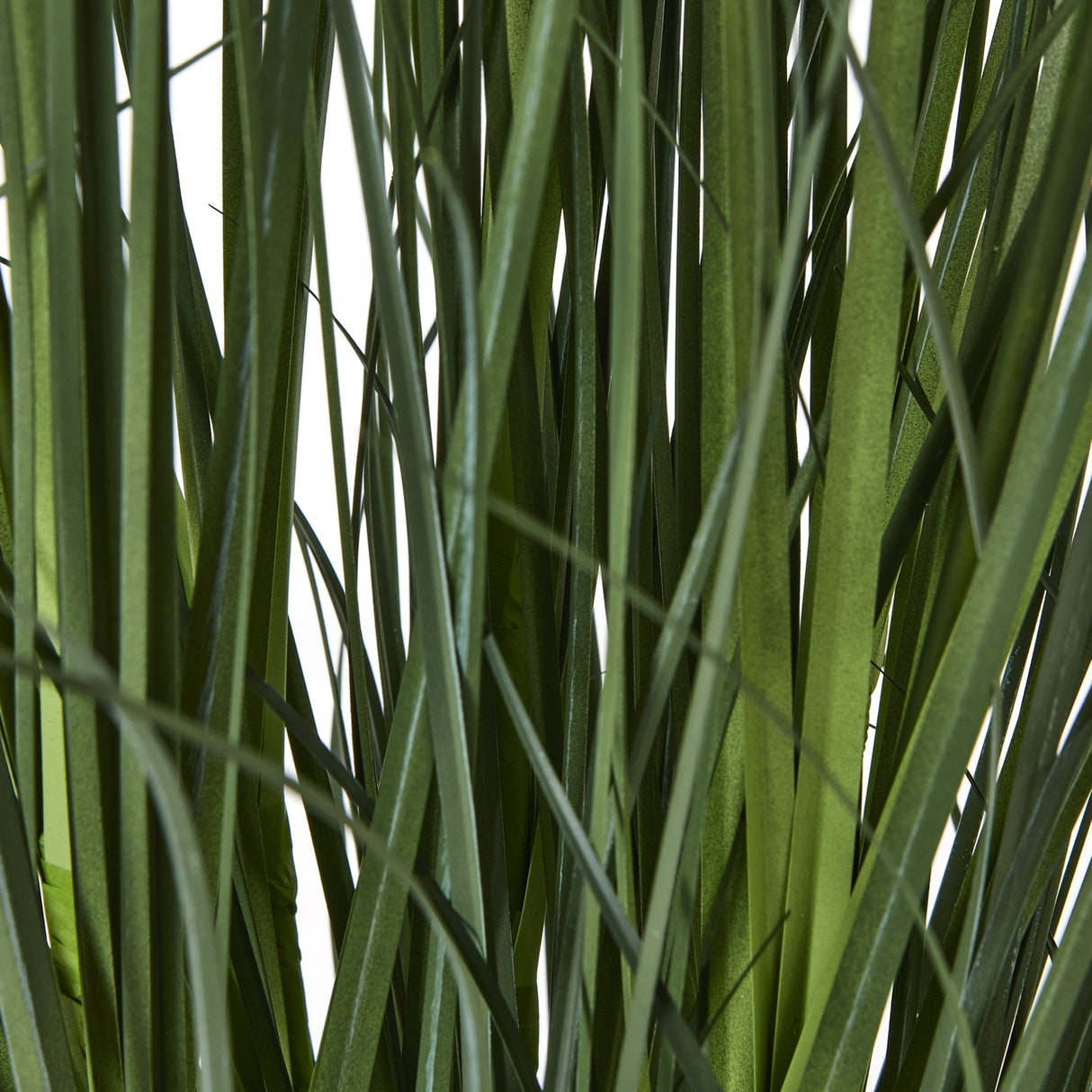 Close-up of the slender arching green blades on Hill Interiors' Large White Agapanthus faux potted plant, shown against a plain white background.