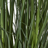 Close-up of the slender arching green blades on Hill Interiors' Large White Agapanthus faux potted plant, shown against a plain white background.
