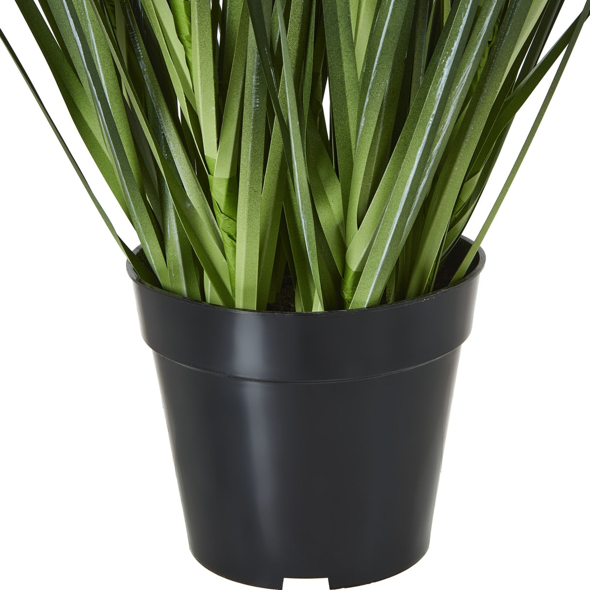 Close-up of Hill Interiors Large White Agapanthus faux plant base with arching green blades emerging from a matte black plastic pot on a white background.