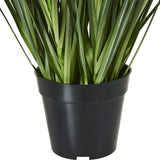 Close-up of Hill Interiors Large White Agapanthus faux plant base with arching green blades emerging from a matte black plastic pot on a white background.