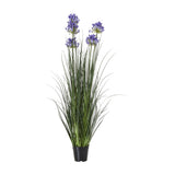 Hill Interiors Large Blue Agapanthus faux potted plant with tall green grass-like foliage and blue globe flower heads in a black pot on a white background.
