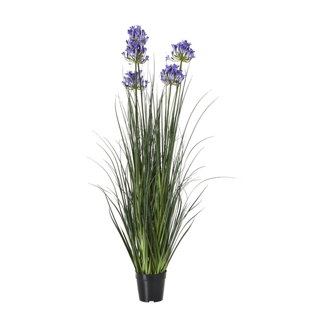 Hill Interiors Large Blue Agapanthus faux potted plant with tall green grass-like foliage and blue globe flower heads in a black pot on a white background.