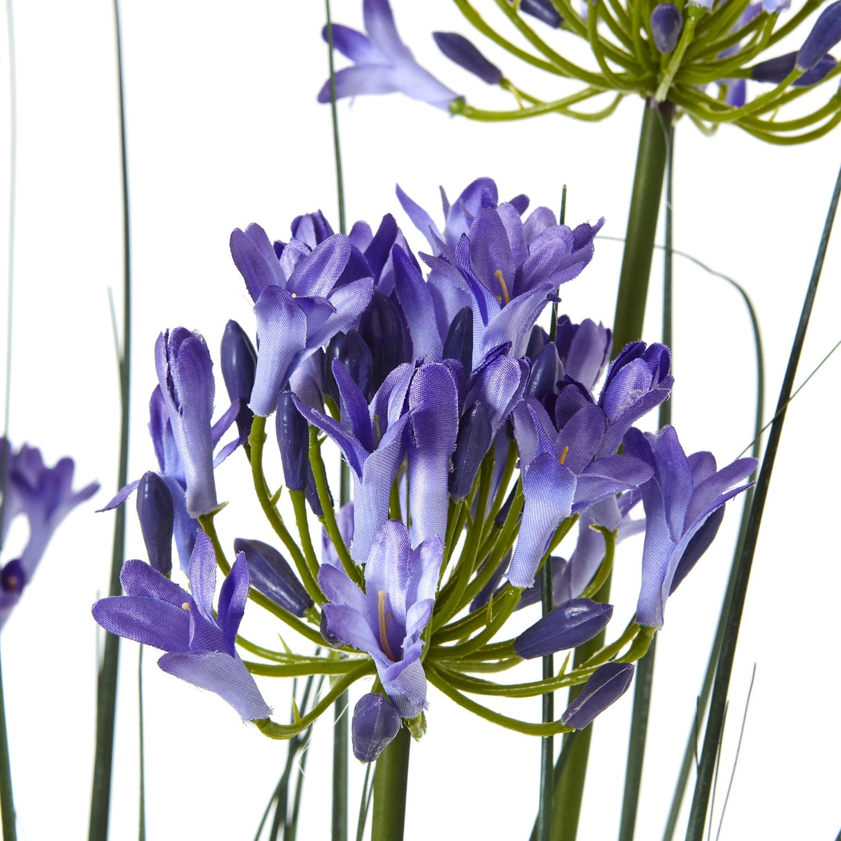 Close-up of Hill Interiors Large Blue Agapanthus faux plant showing rounded clusters of soft blue trumpet-shaped blooms on slender green stems.
