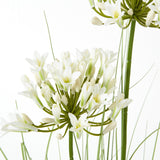 Close-up of Hill Interiors White Agapanthus faux plant showing rounded clusters of white florets and buds on tall green stems against a plain white background.