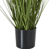 Close-up of Hill Interiors White Agapanthus faux potted plant showing long green strappy leaves and slender stems rising from a matte black round pot.