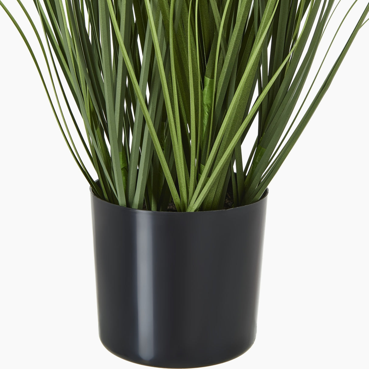 Hill Interiors Blue Agapanthus faux potted plant close-up showing long green strappy leaves rising from a matte black plastic pot on a white background.