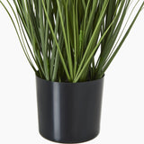 Hill Interiors Blue Agapanthus faux potted plant close-up showing long green strappy leaves rising from a matte black plastic pot on a white background.