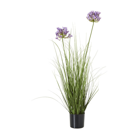 Hill Interiors Purple Agapanthus Plant In Pot, a 90cm faux potted plant with two purple umbel blooms on tall stems above green grassy foliage in a black pot.