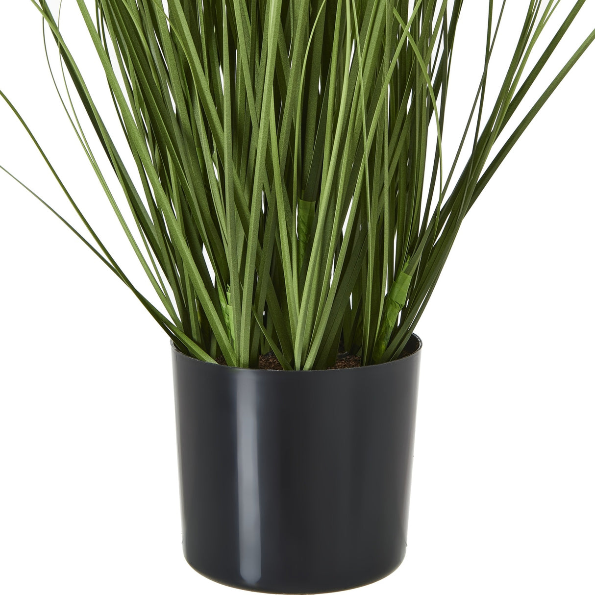 Hill Interiors Purple Agapanthus faux potted plant shown close-up, with tall green strap-like leaves rising from a plain black pot on a white background.