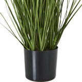 Hill Interiors Purple Agapanthus faux potted plant shown close-up, with tall green strap-like leaves rising from a plain black pot on a white background.