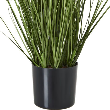 Hill Interiors Purple Agapanthus faux potted plant shown close-up, with tall green strap-like leaves rising from a plain black pot on a white background.