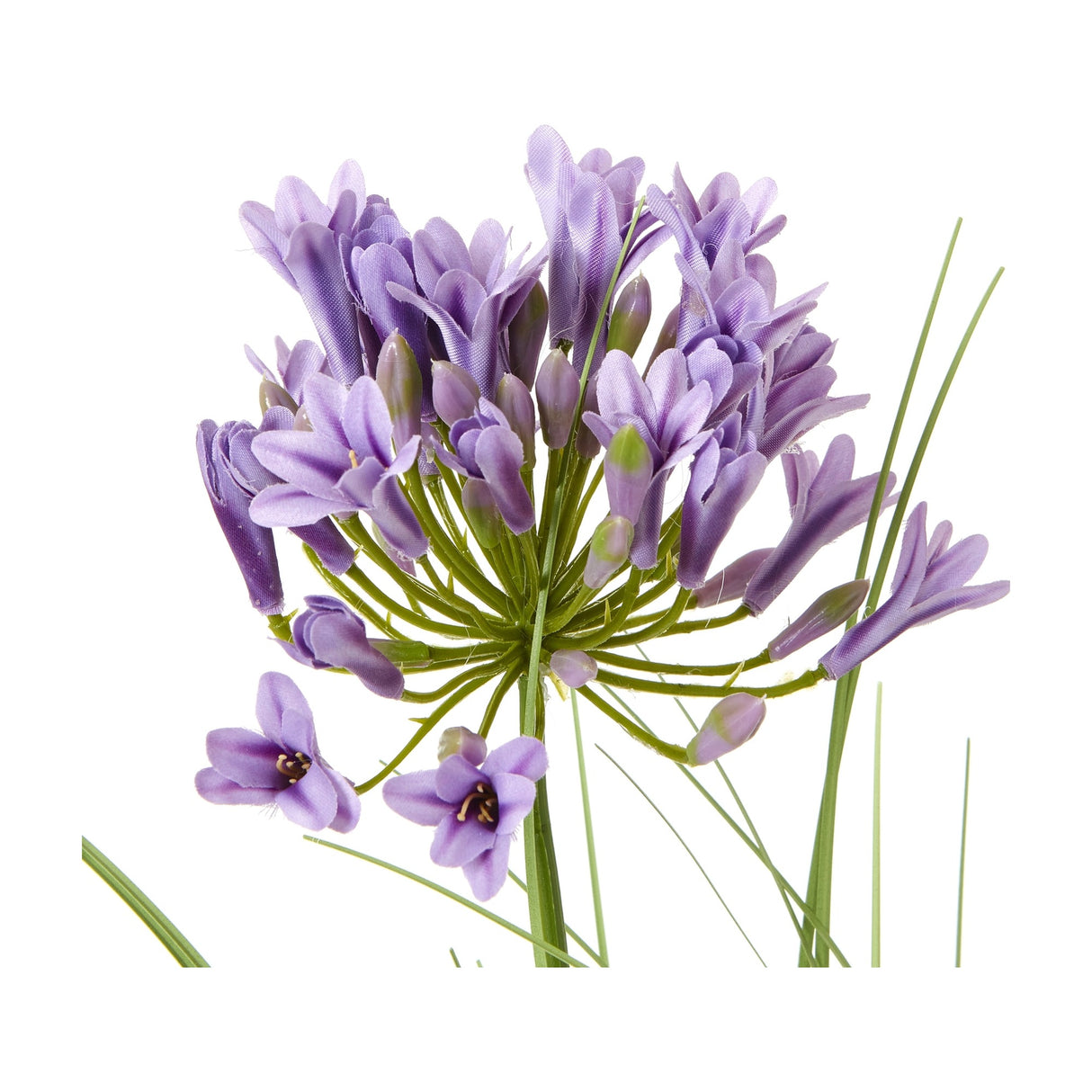 Hill Interiors Purple Agapanthus faux plant close-up showing a spherical cluster of lilac star-shaped blooms and buds on green stems against a white background.