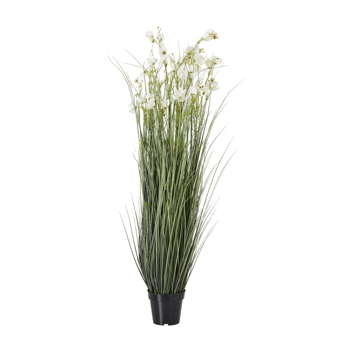 Hill Interiors Large White Meadow Plant, 150cm faux potted arrangement with tall green grass stems and white meadow blooms in a black pot, on white.