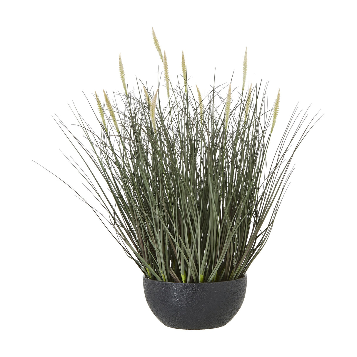 Hill Interiors Fountain Grass Plant In Pot, a 50cm faux potted plant with slender green blades and feathery plumes in a matte black bowl.