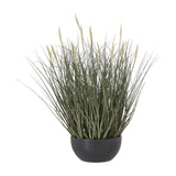 Hill Interiors Fountain Grass Plant In Pot, a 50cm faux potted plant with slender green blades and feathery plumes in a matte black bowl.