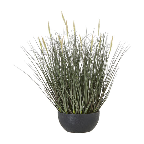 Hill Interiors Fountain Grass Plant In Pot, a 50cm faux potted plant with slender green blades and feathery plumes in a matte black bowl.