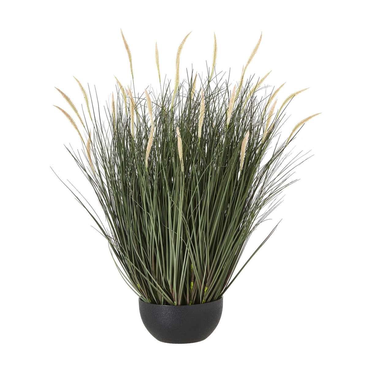 Hill Interiors Large Fountain Grass Plant featuring tall green blades and feathery cream plumes set in a matte black pot on a white background.