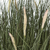 Close-up of Hill Interiors Large Fountain Grass faux plant showing slender green blades and soft cream-pink feathery plumes against a white background.