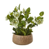 Hill Interiors green hellebore faux plant with cup-shaped blooms and lobed foliage in a taupe pot, shown on a plain white background.