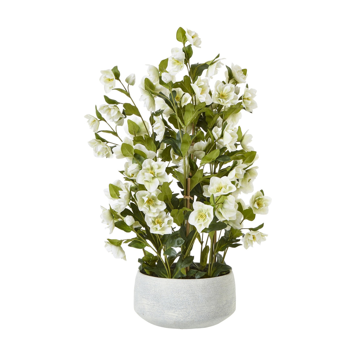 Hill Interiors large white hellebore faux plant with cup-shaped blooms and lobed green foliage set in a grey pot, shown on a plain white background.