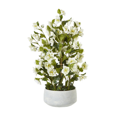 Hill Interiors large white hellebore faux plant with cup-shaped blooms and lobed green foliage set in a grey pot, shown on a plain white background.