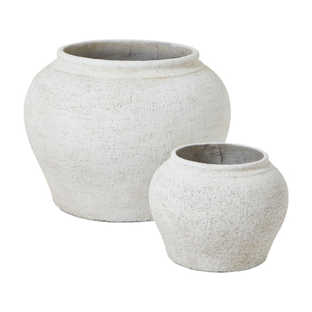 Hill Interiors Ordo Lyme White Set Of 2 Planters, a pair of textured white ceramic-look pots in large and small sizes, shown on a plain white background.