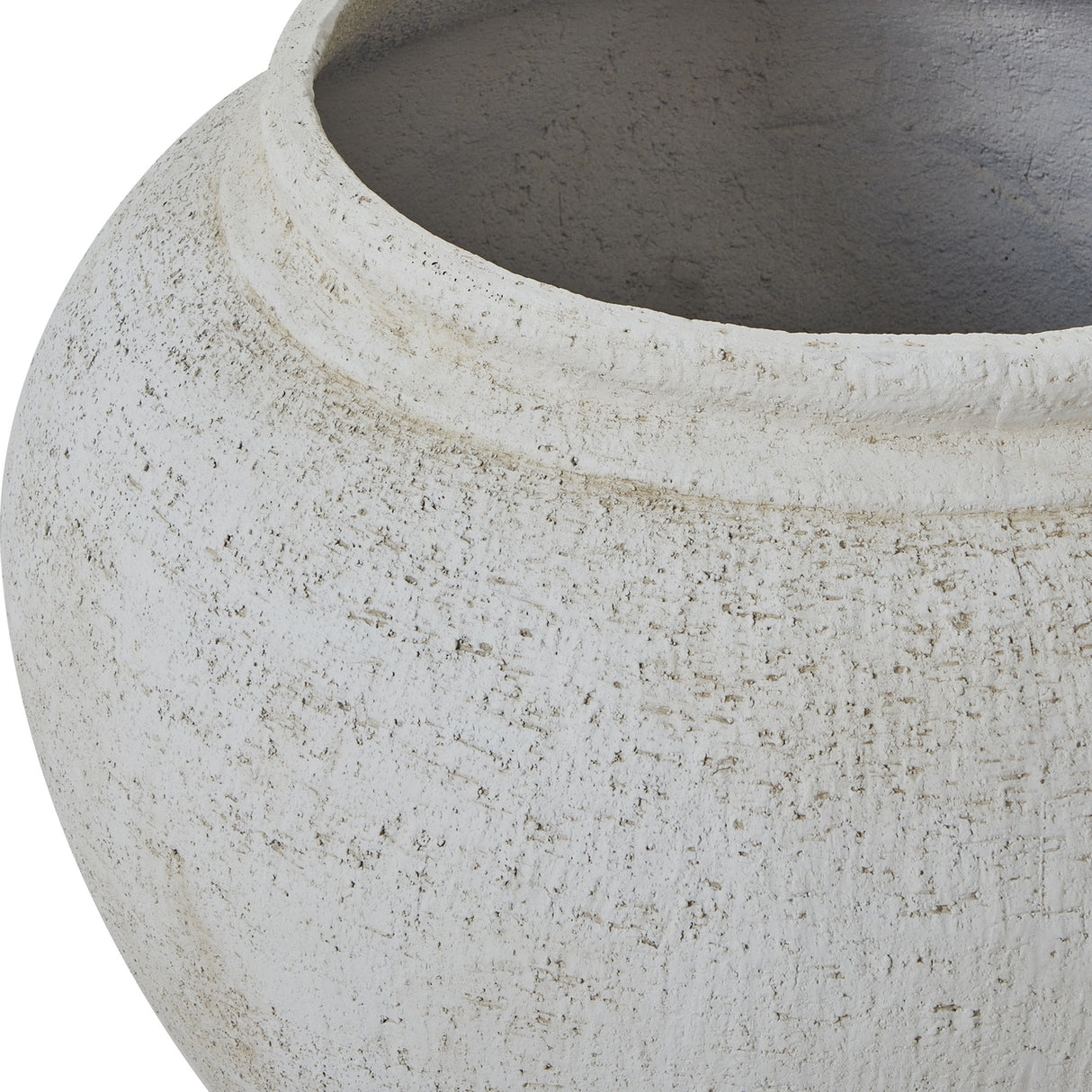 Close-up of the Hill Interiors Ordo Lyme White planter, showing the rounded textured white pot with a lipped rim and grey interior.