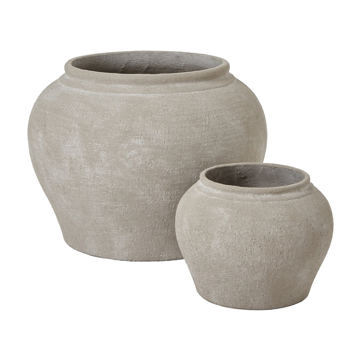 Hill Interiors Ordo Shaded Sand Set of 2 Planters in textured beige, featuring a large rounded urn and smaller matching pot on a white background.